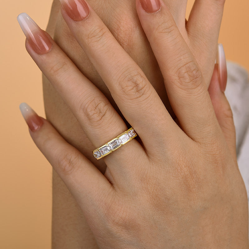 Vintage Yellow Gold Bezel Emerald Cut Women's Wide Wedding Band In Sterling Silver