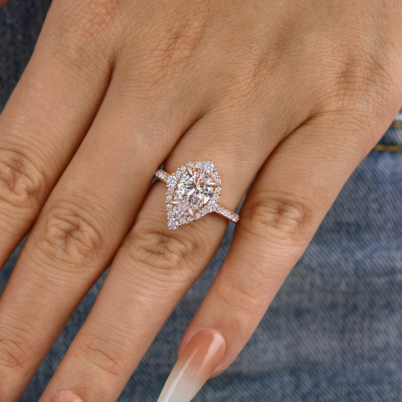Stunning Yellow Gold Halo Pear Cut Elegant Engagement Ring In Sterling Silver