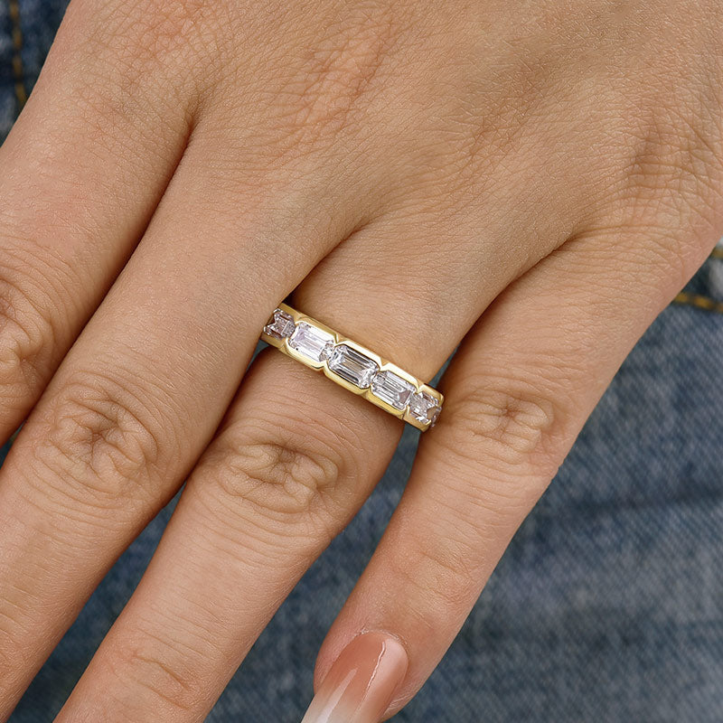Vintage Yellow Gold Bezel Emerald Cut Women's Wide Wedding Band In Sterling Silver