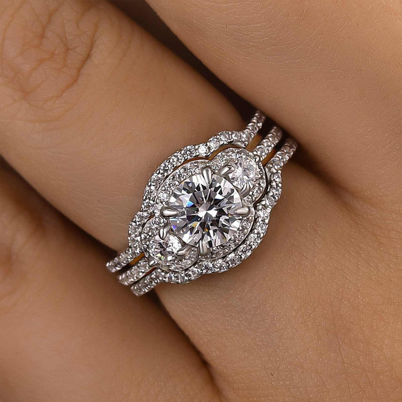 Ahabobo Unique Halo Round Cut Three Stone Insert 3PC Ring Set