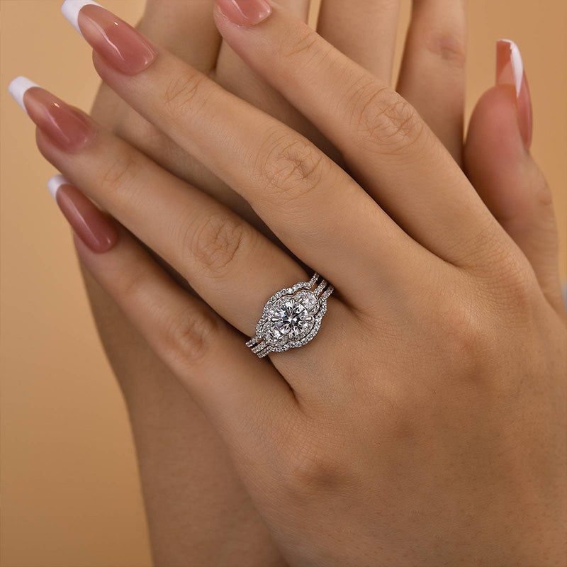 Ahabobo Unique Halo Round Cut Three Stone Insert 3PC Ring Set