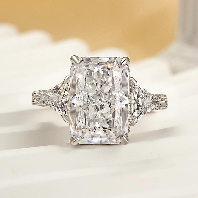 5.0 Carat Radiant Cut Three Stone Engagement Ring With Hidden Halo