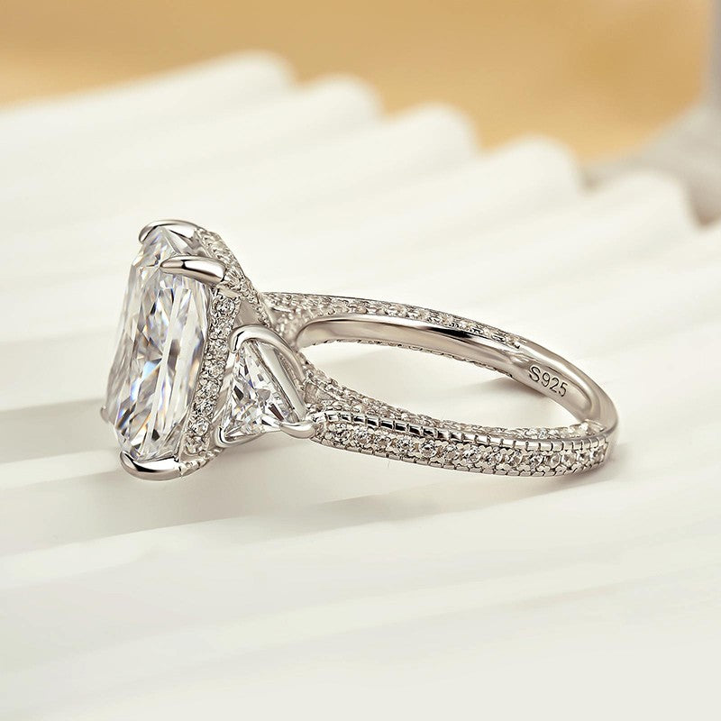 5.0 Carat Radiant Cut Three Stone Engagement Ring With Hidden Halo