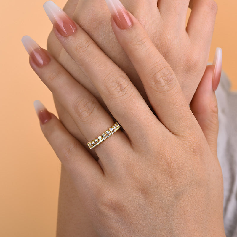 Exquisite Yellow Gold Two Rows Round Cut Wedding Band In Sterling Silver