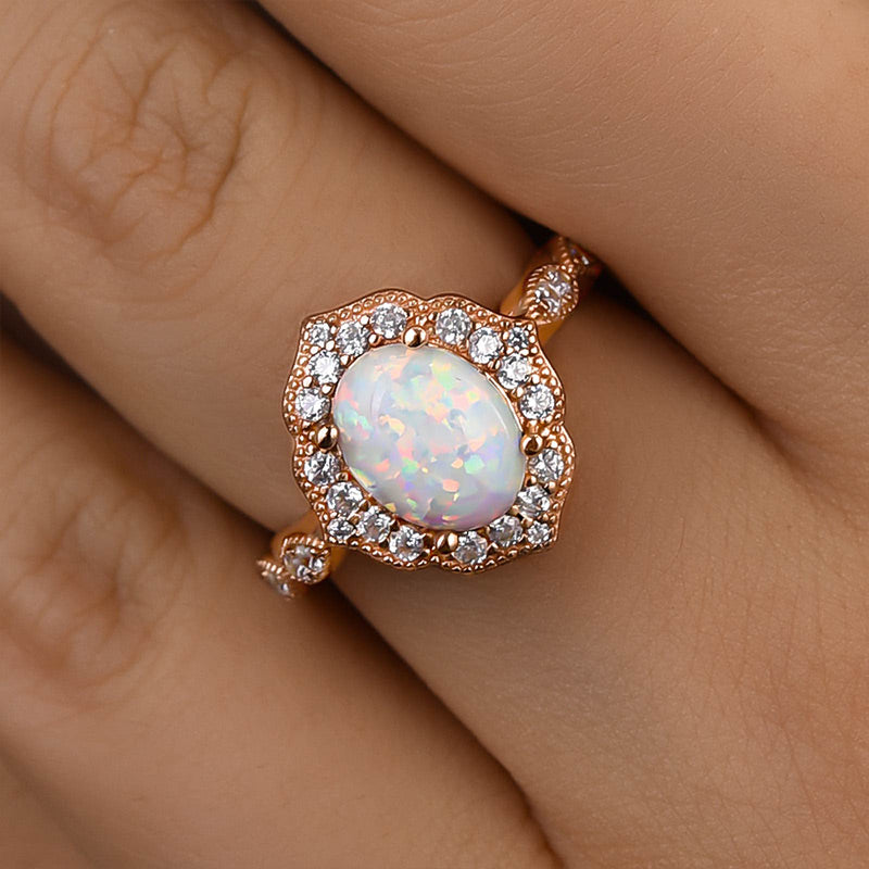 Vintage Rose Gold Oval Cut Opal Engagement Ring In Sterling Silver