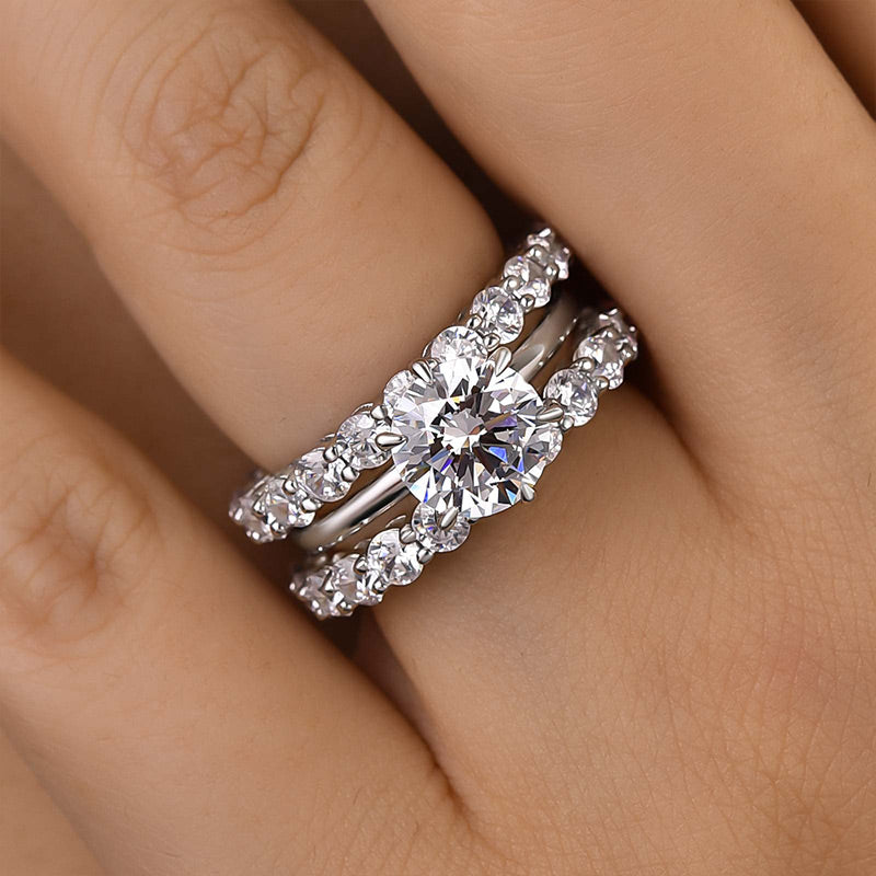 Classic Round Cut 3-Pieces Wedding Set In Sterling Silver