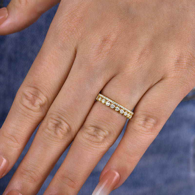 Exquisite Yellow Gold Two Rows Round Cut Wedding Band In Sterling Silver