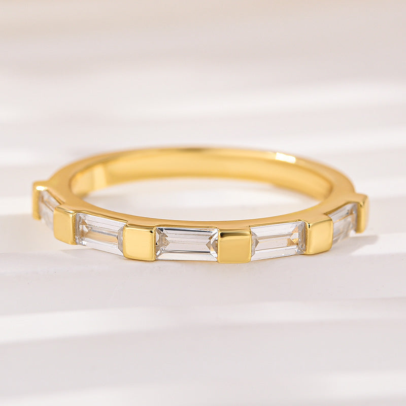 Noble Emerald Cut Yellow Gold Half Wedding Band In Sterling Silver