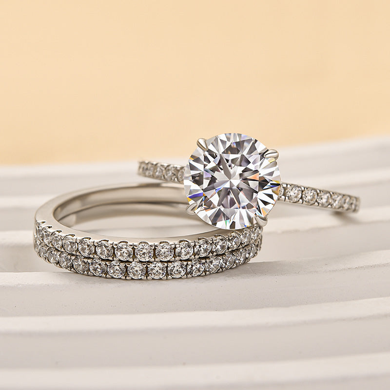 Maxine Moissanite 2.0 Carat Round Cut 3PC Wedding Ring Set In Sterling Silver