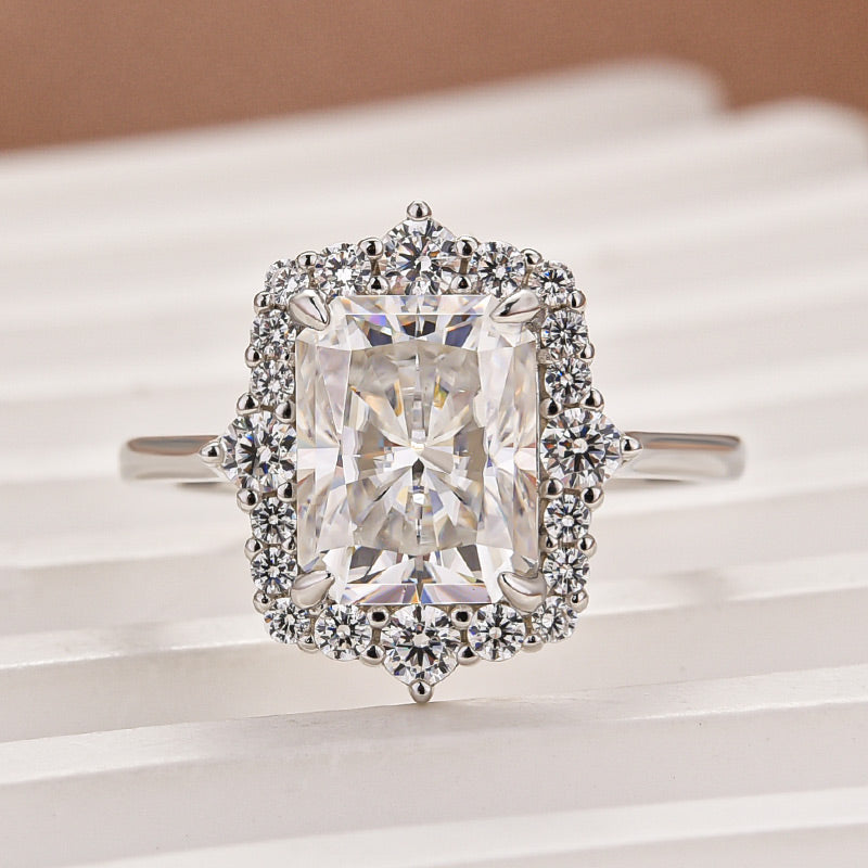 Ahabobo Moissanite Vintage 3.0 Carat Halo Radiant Cut Engagement Ring In Sterling Silver