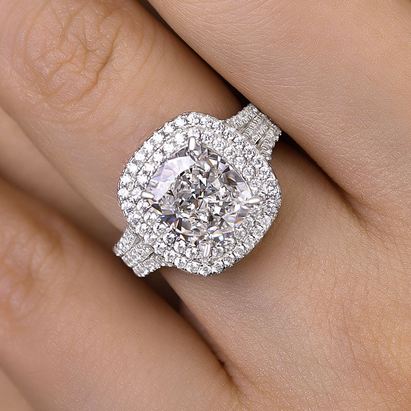 Noble Double Halo Three Shank Cushion Cut Engagement Ring