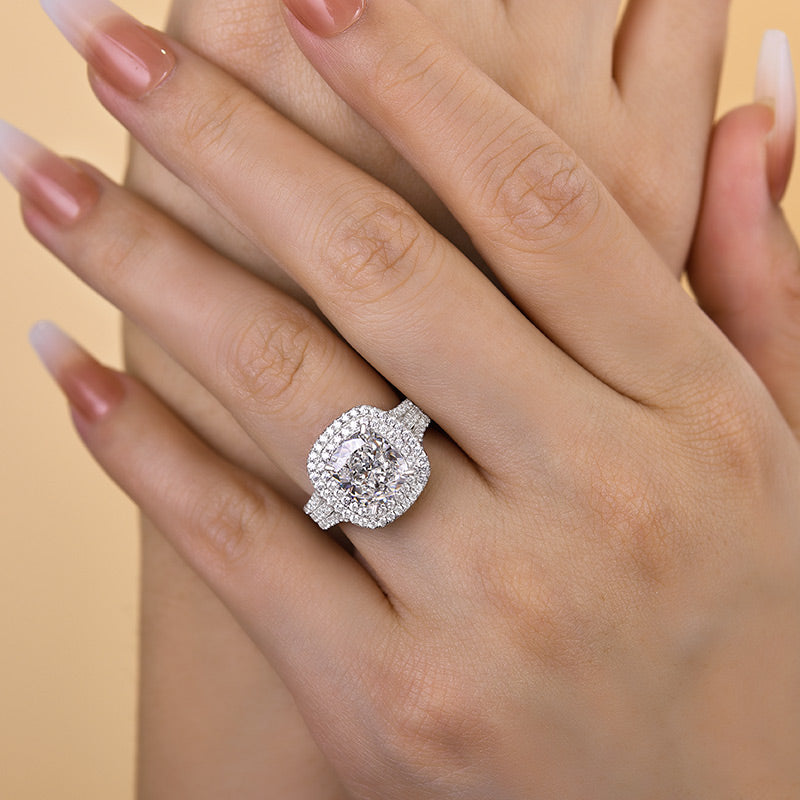 Noble Double Halo Three Shank Cushion Cut Engagement Ring