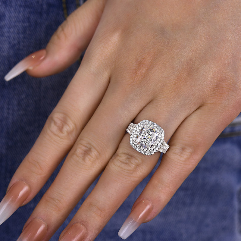 Noble Double Halo Three Shank Cushion Cut Engagement Ring