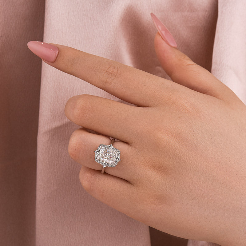 Ahabobo Moissanite Vintage 3.0 Carat Halo Radiant Cut Engagement Ring In Sterling Silver