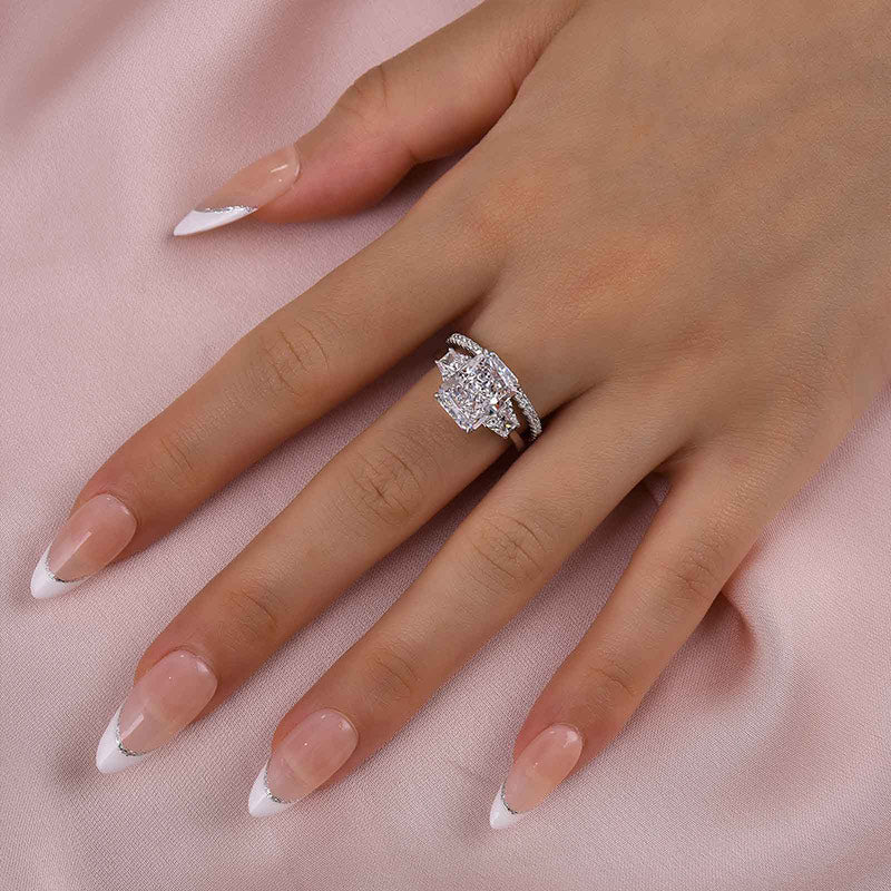 Romantic Three Stone Radiant Cut Wedding Ring Set In Sterling Silver