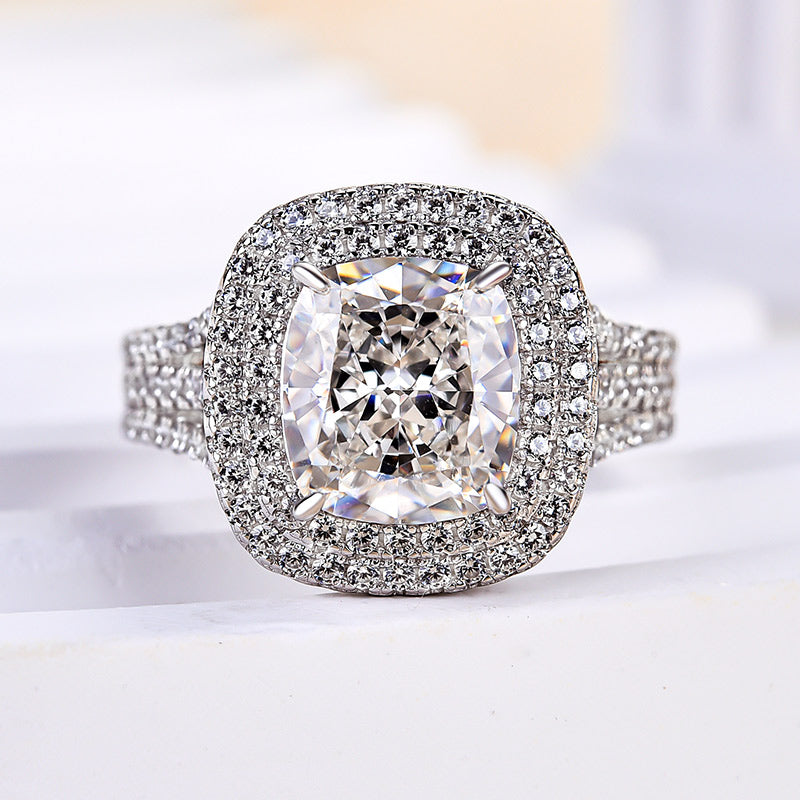 Noble Double Halo Three Shank Cushion Cut Engagement Ring