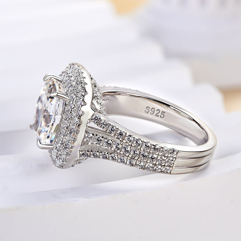 Noble Double Halo Three Shank Cushion Cut Engagement Ring