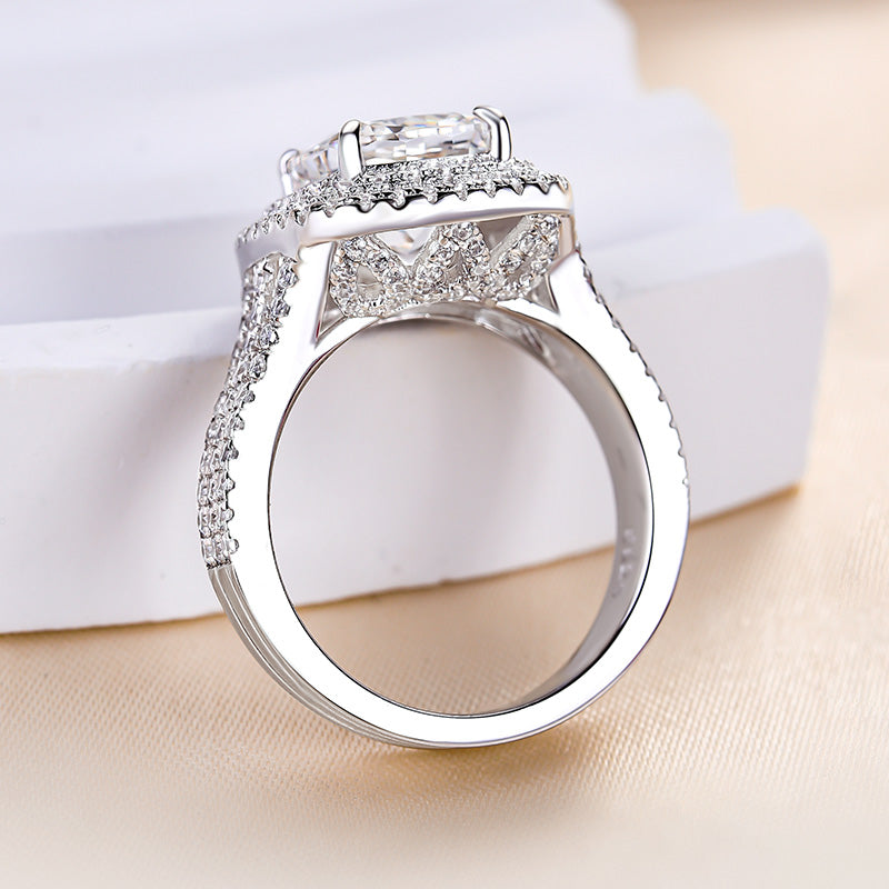 Noble Double Halo Three Shank Cushion Cut Engagement Ring