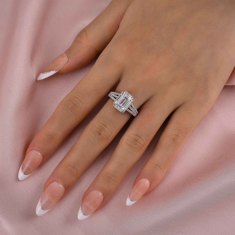 Maxine Exclusive Split Shank Emerald Cut Engagement Ring In Sterling Silver