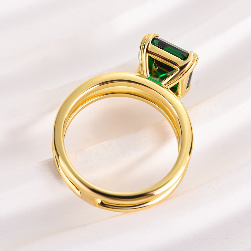 Unique Design Yellow Gold Emerald Cut Engagement Ring In Sterling Silver