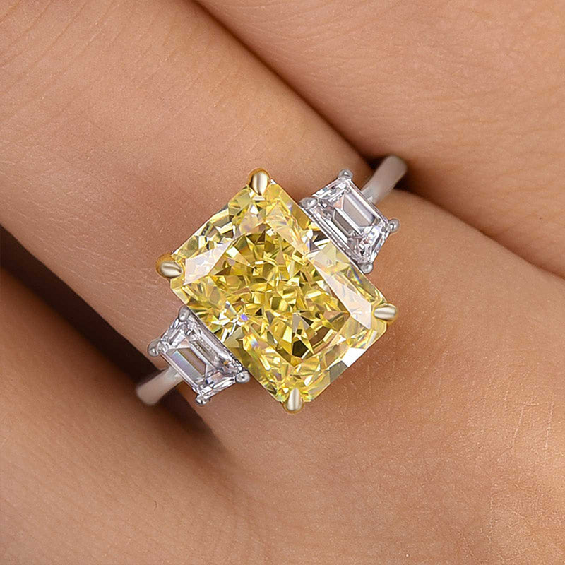 Yellow Sapphire Three Stone Radiant Cut Engagement Ring