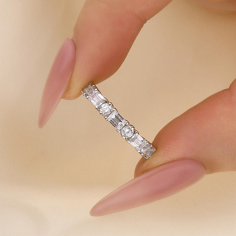 Fashion Yellow Gold Half Emerald & Round Cut Diamond Wedding Band In Sterling Silver