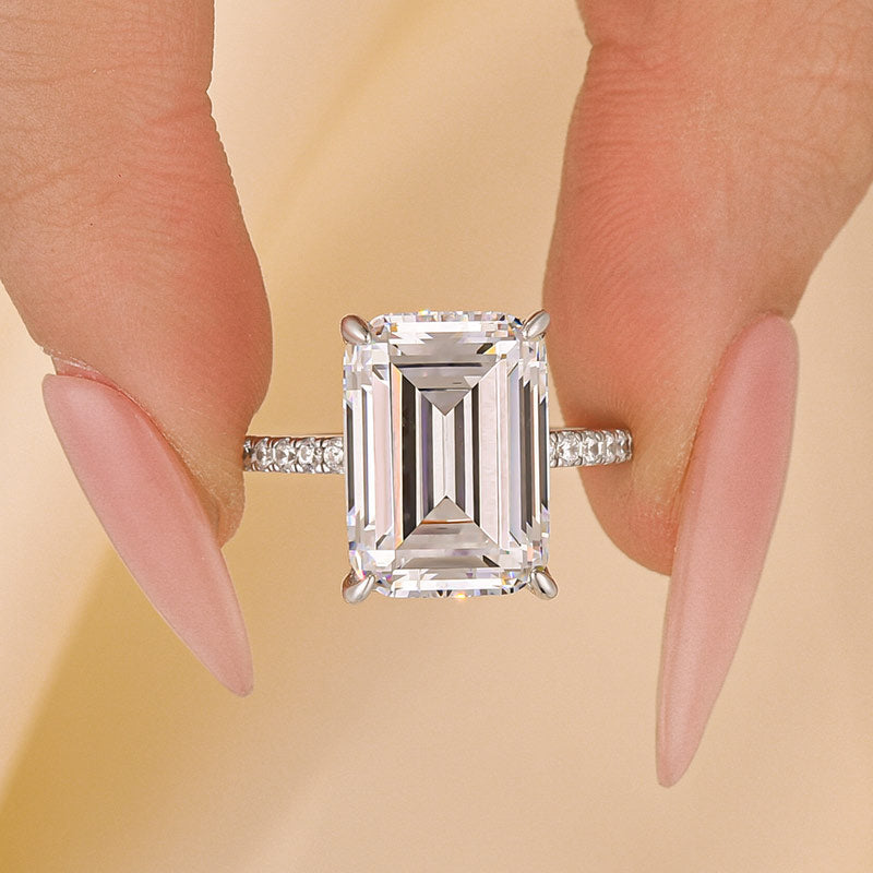 10Ct Emerald Cut Engagement Ring With Hidden Halo In Sterling Silver