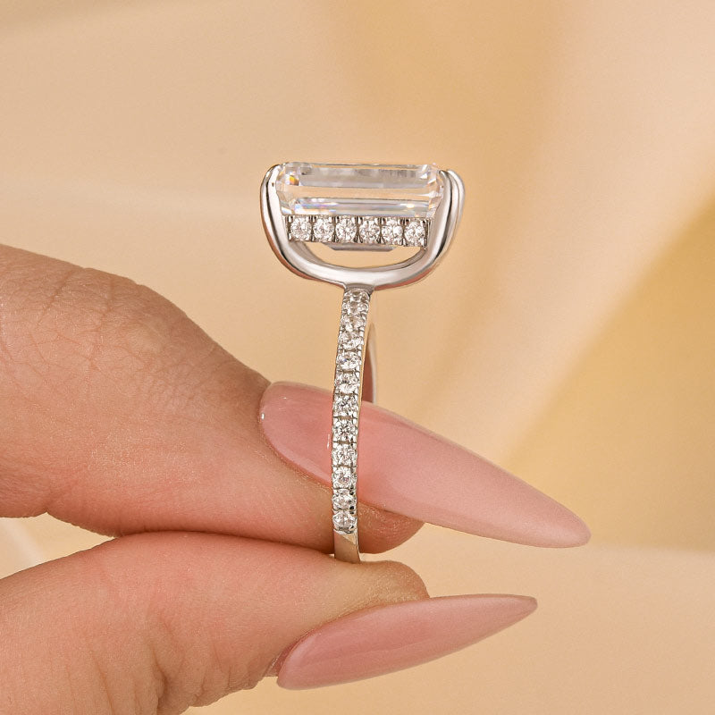 10Ct Emerald Cut Engagement Ring With Hidden Halo In Sterling Silver