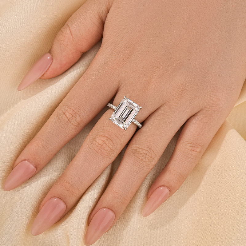 10Ct Emerald Cut Engagement Ring With Hidden Halo In Sterling Silver