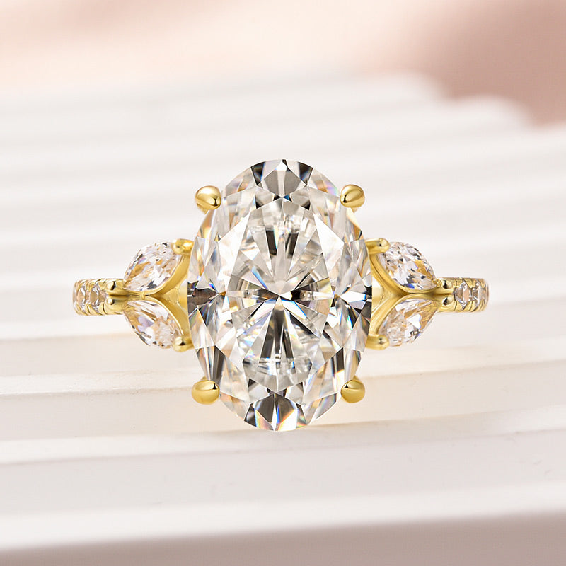 Ahabobo Moissanite 4.0 Ct Oval and Angled Marquise Five Stone Engagement Ring