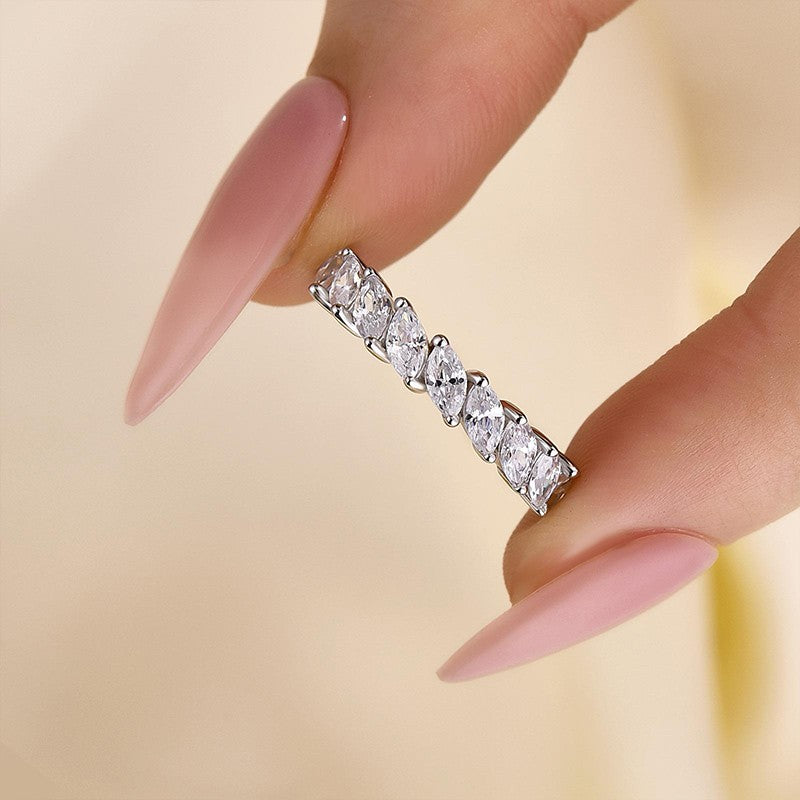 Marquise Cut Half Wedding Band In Sterling Silver