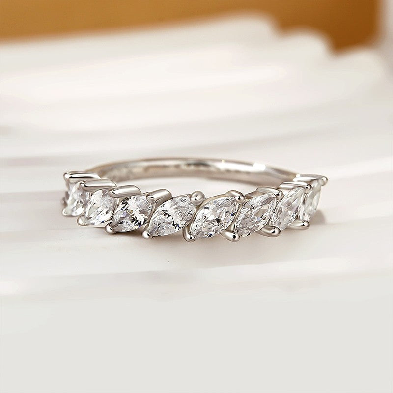 Marquise Cut Half Wedding Band In Sterling Silver