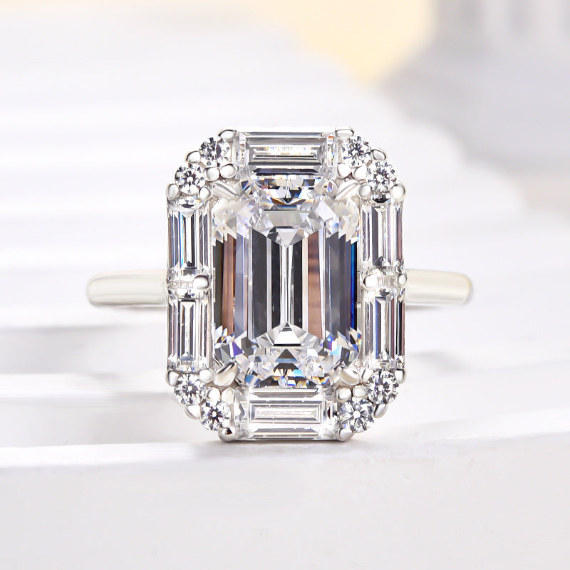 Lovely Halo 3.0Ct Emerald Cut Engagement Ring