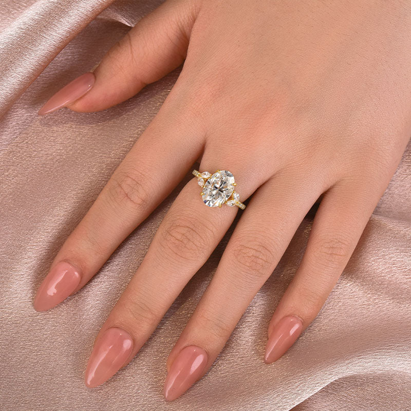 Ahabobo Moissanite 4.0 Ct Oval and Angled Marquise Five Stone Engagement Ring