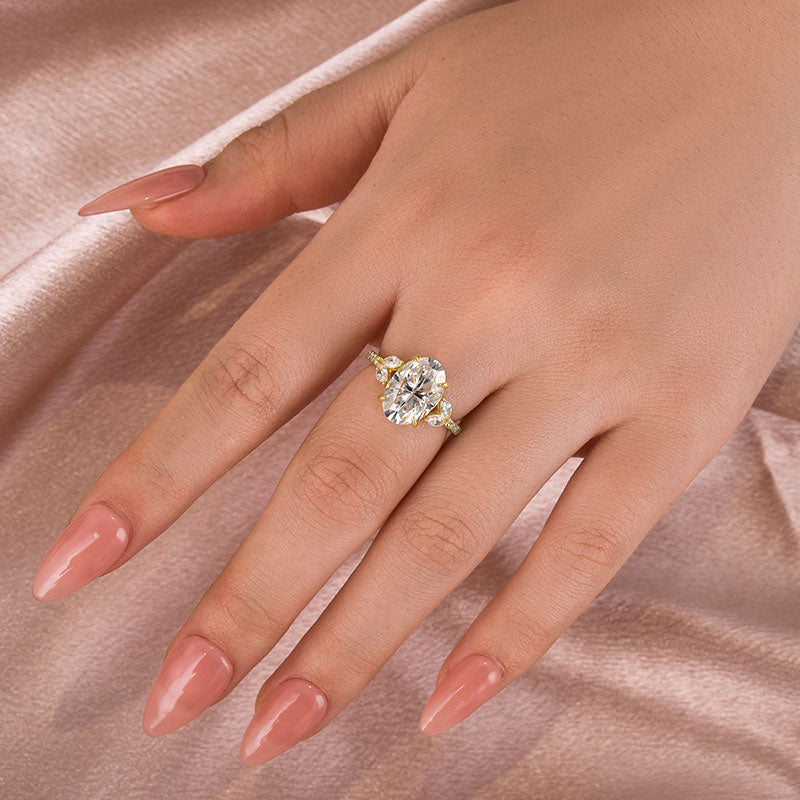 Ahabobo Moissanite 4.0 Ct Oval and Angled Marquise Five Stone Engagement Ring