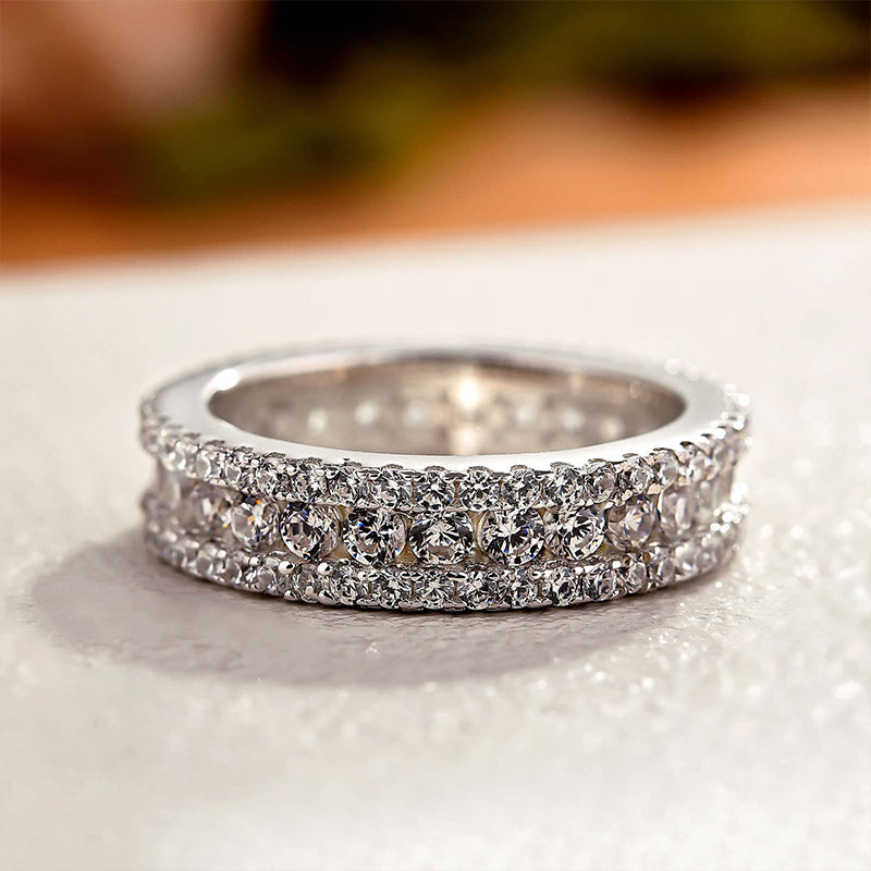 Sparkle 3 Row Design Round Cut Women's Wedding Band In Sterling Silver