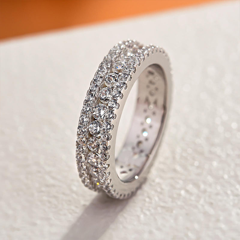 Sparkle 3 Row Design Round Cut Women's Wedding Band In Sterling Silver