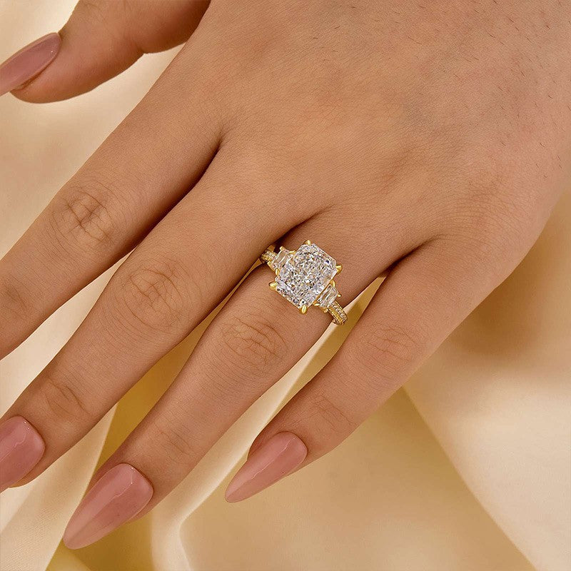 4.5Ct Radiant Cut Three Stone Yellow Gold Promise Ring Engagement Ring In Sterling Silver