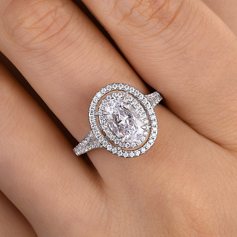Luxury Split Shank Double Halo Oval Cut Engagement Ring In Sterling Silver