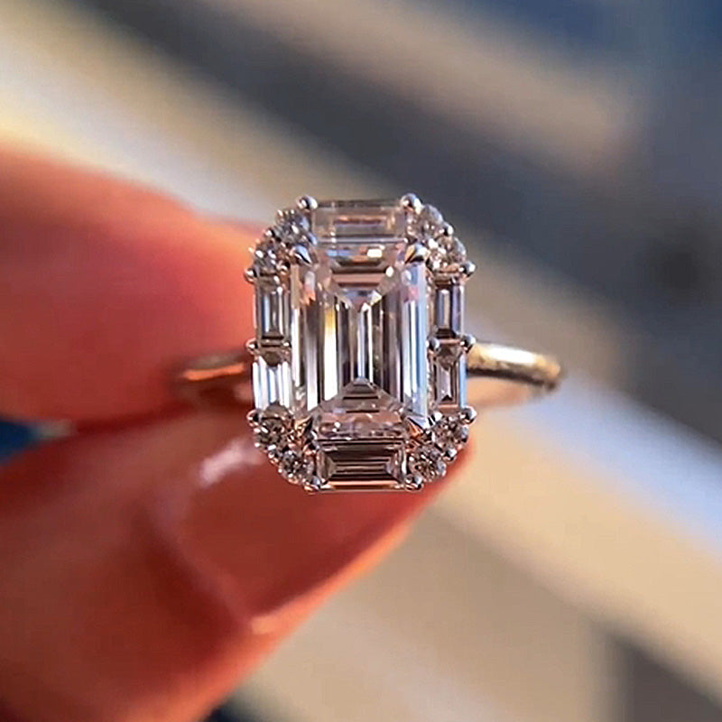 Lovely Halo 3.0Ct Emerald Cut Engagement Ring