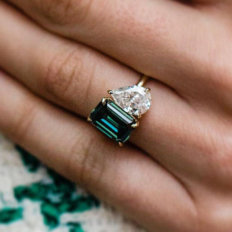 Special Two Stones Design Emerald & Pear Cut Engagement Ring In Sterling Silver