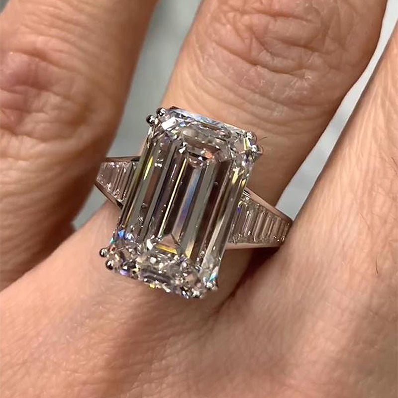 Luxury Big Emerald Cut Engagement Ring In Sterling Silver