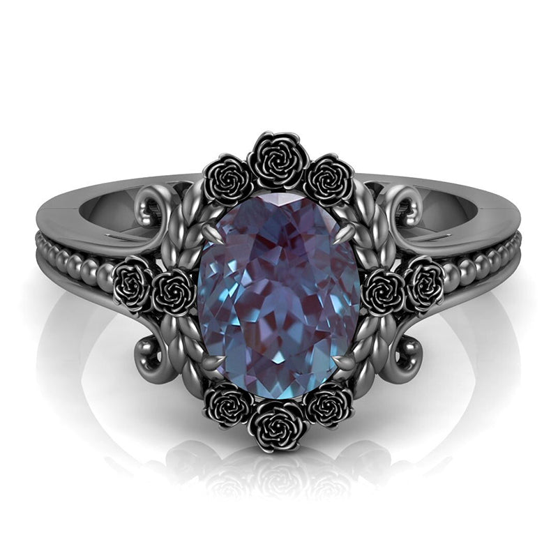 Vintage Black Gold Halo Oval Cut Alexandrite Engagement Ring In Sterling Silver