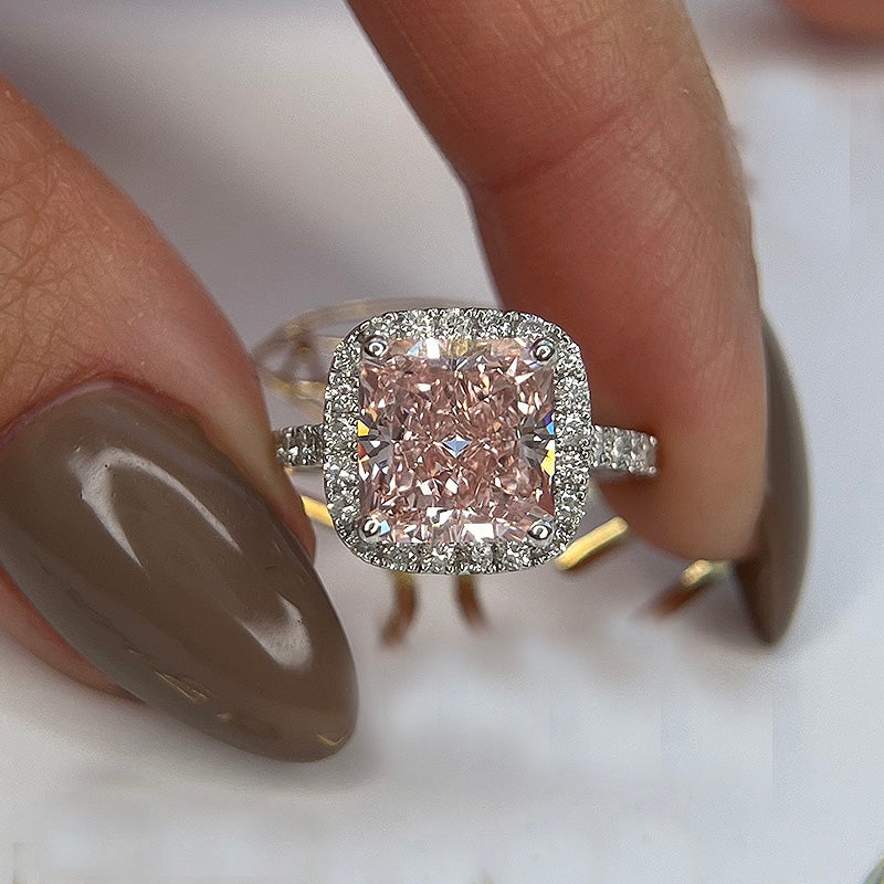 Excellent Halo Radiant Cut Pink Stone Engagement Ring