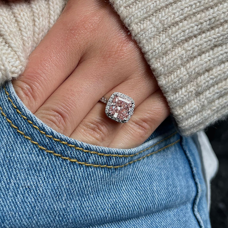 Excellent Halo Radiant Cut Pink Stone Engagement Ring