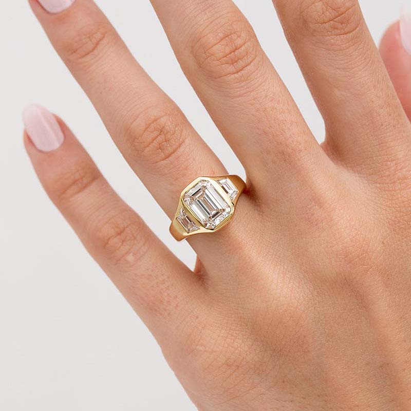 Luxury Yellow Gold Three Stone Emerald Cut Bezel Engagement Ring