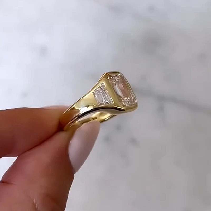 Luxury Yellow Gold Three Stone Emerald Cut Bezel Engagement Ring