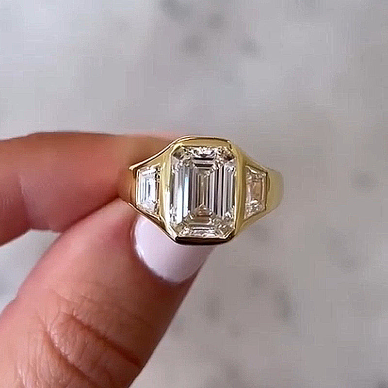 Luxury Yellow Gold Three Stone Emerald Cut Bezel Engagement Ring