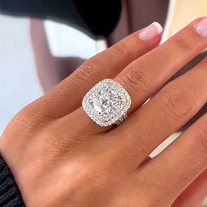 Double Halo Three Shank 6.5Ct Cushion Cut Engagement Ring