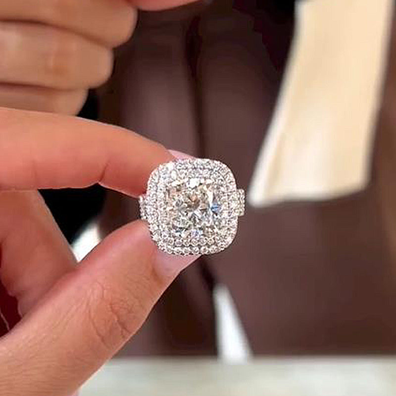 Double Halo Three Shank 6.5Ct Cushion Cut Engagement Ring
